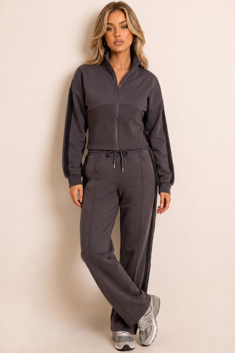 Slate Grey Corset Fit Jacket and Jogger Loungewear Co-ord Set - Saige