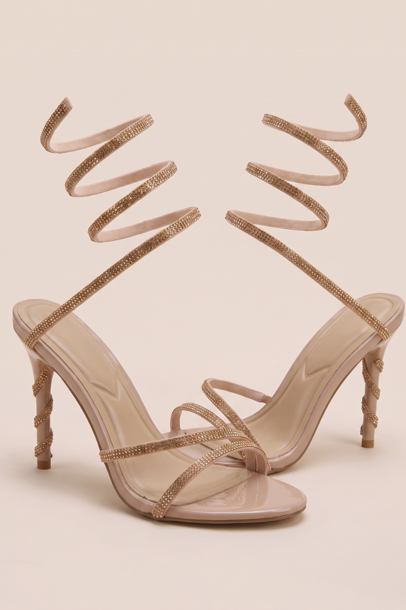 Nude Diamante Detail Wrap Up Strappy Heels - Charlia