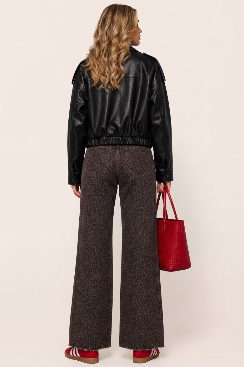 Dark Brown Leopard Print Wide Leg Denim Jeans - Aila