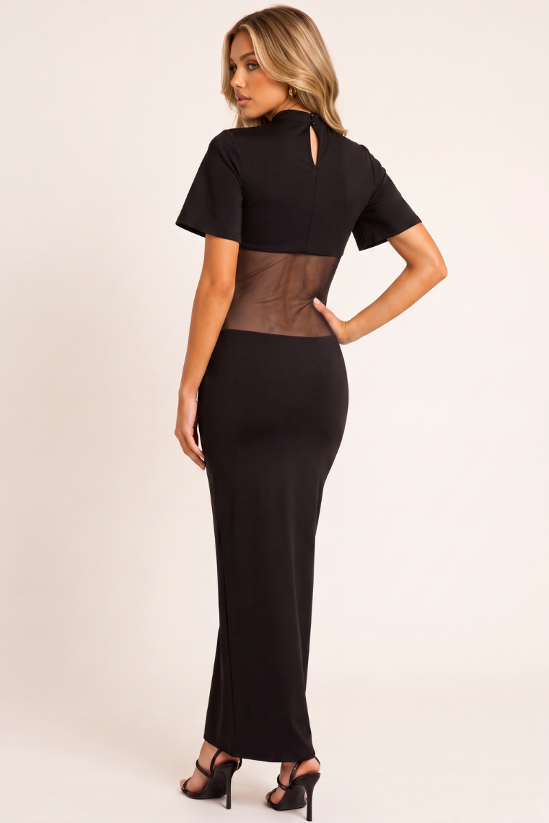 Black High Neck Mesh Insert Maxi Dress - Angelo
