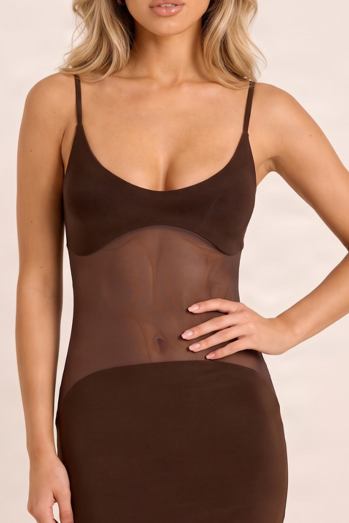 Chocolate Mesh Insert Maxi Dress - Nole