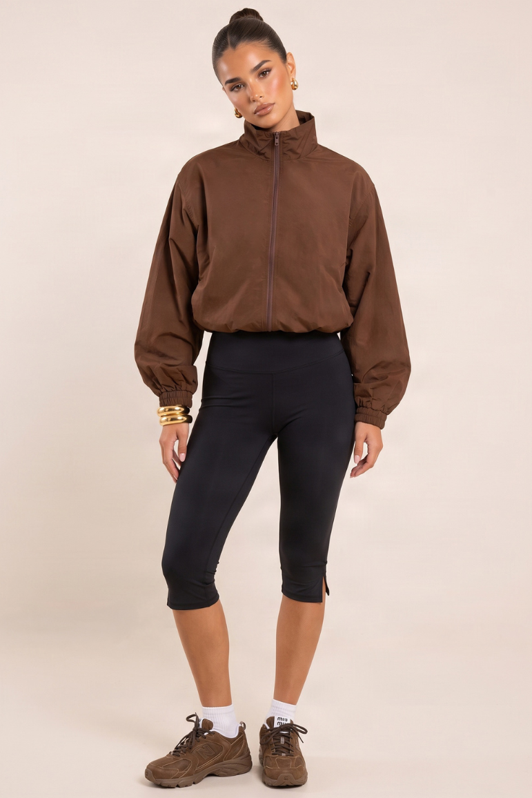 Chocolate Funnel Neck Toggle Hem Shell Track Jacket - Emelda