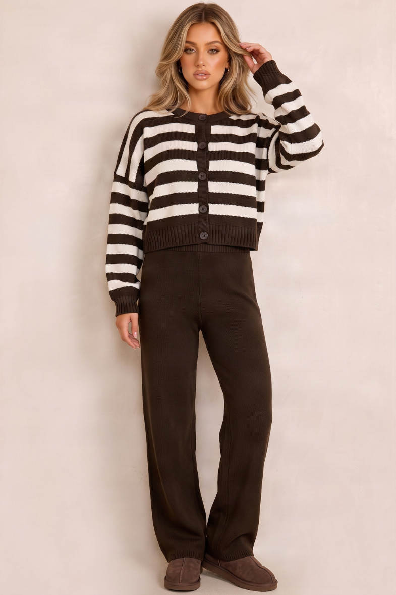 Chocolate Oversized Stripe Cardigan and Jogger Loungewear Co-ord Set - Hayden