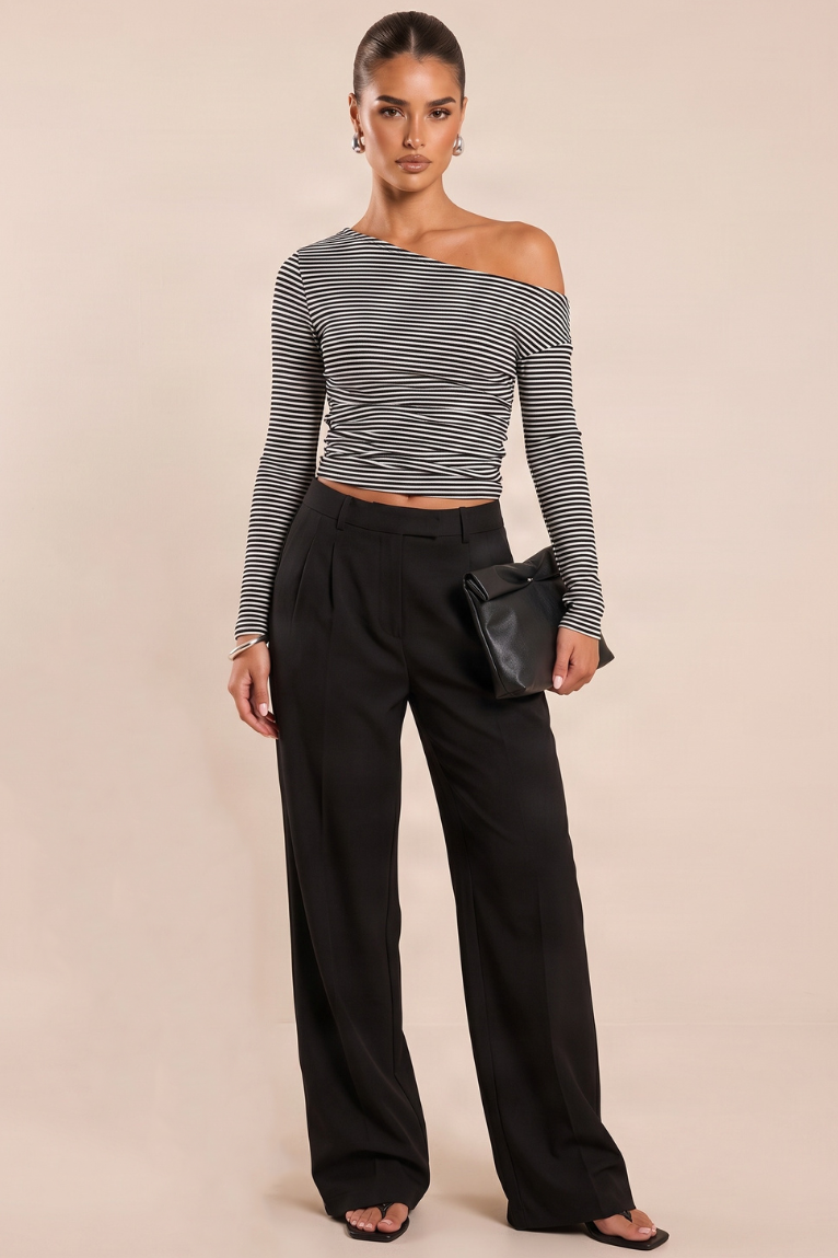 Black Stripe Off Shoulder Long Sleeve Top - Devri