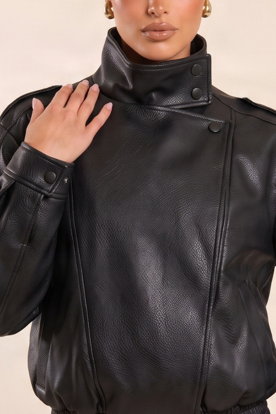 Black Faux Leather Funnel Neck Oversized Bomber Jacket - Deanna