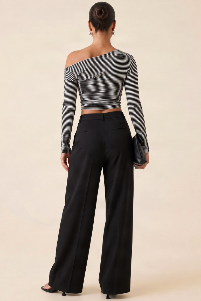 Black Stripe Off Shoulder Long Sleeve Top - Devri