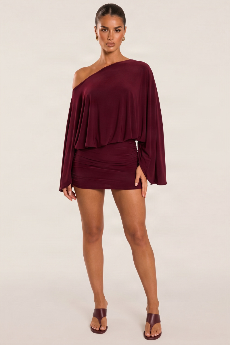 Wine Asymmetric Batwing Mini Dress - Neema