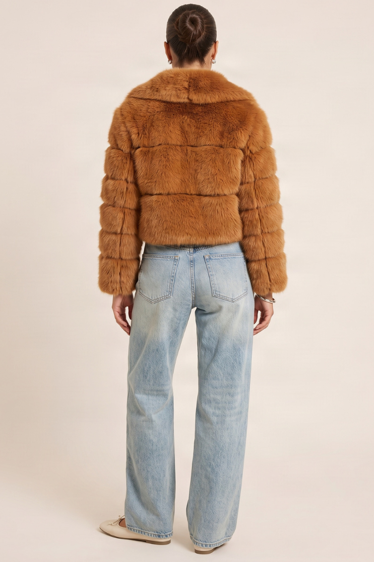 Rust Cropped Collar Faux Fur Coat - Bellah