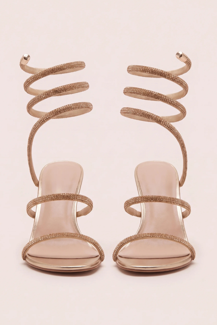 Gold Diamante Detail Wrap Up Strappy Heels - Florida