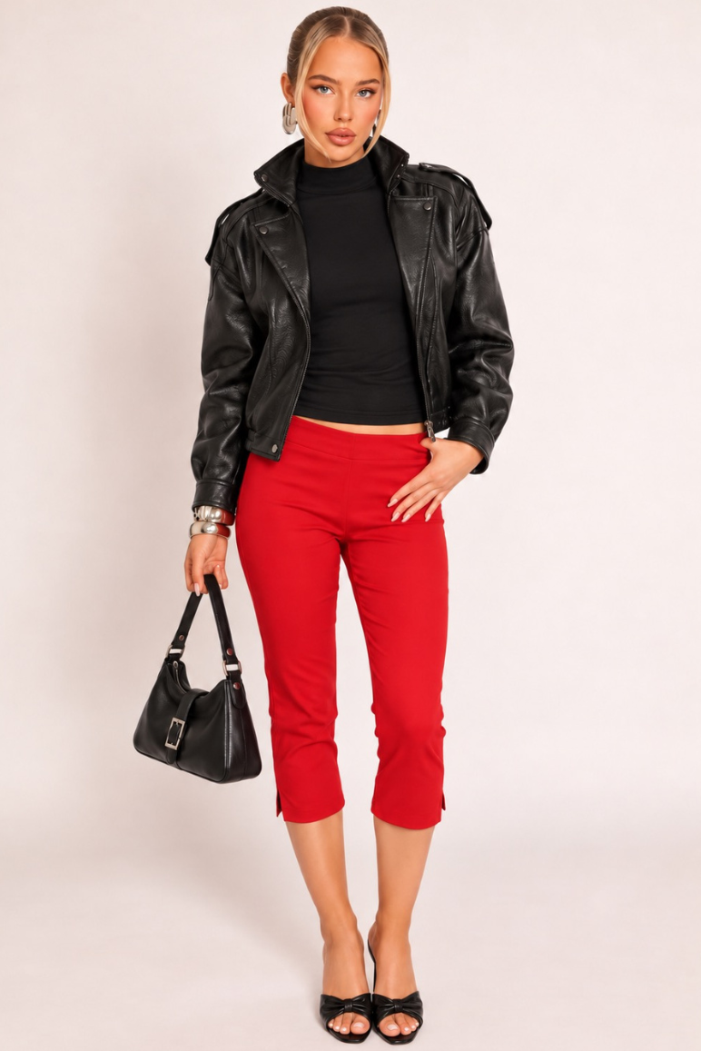 Red Bengaline Split Hem Capri Pants - Jaclyn