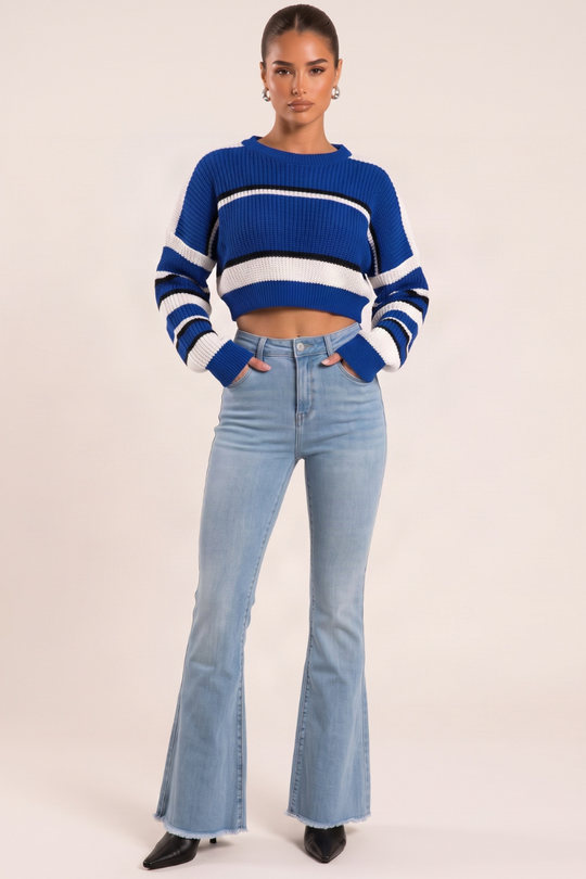 Light Blue Stretch Denim Frayed Hem Flare Leg Jeans - Carys