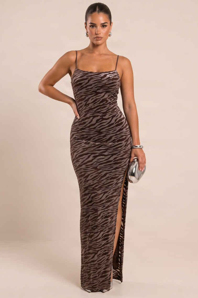 Chocolate Velvet Zebra Devore Thigh Split Maxi Dress - Regina
