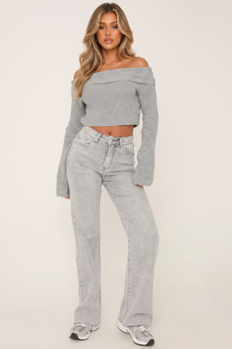 Light Grey Stretch Straight Leg Frayed Hem Jeans - Scarlett