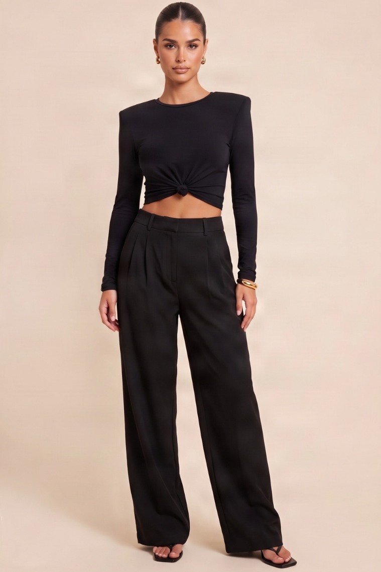 Black Shoulder Pad Knot Front Long Sleeve T-shirt - Jayleen