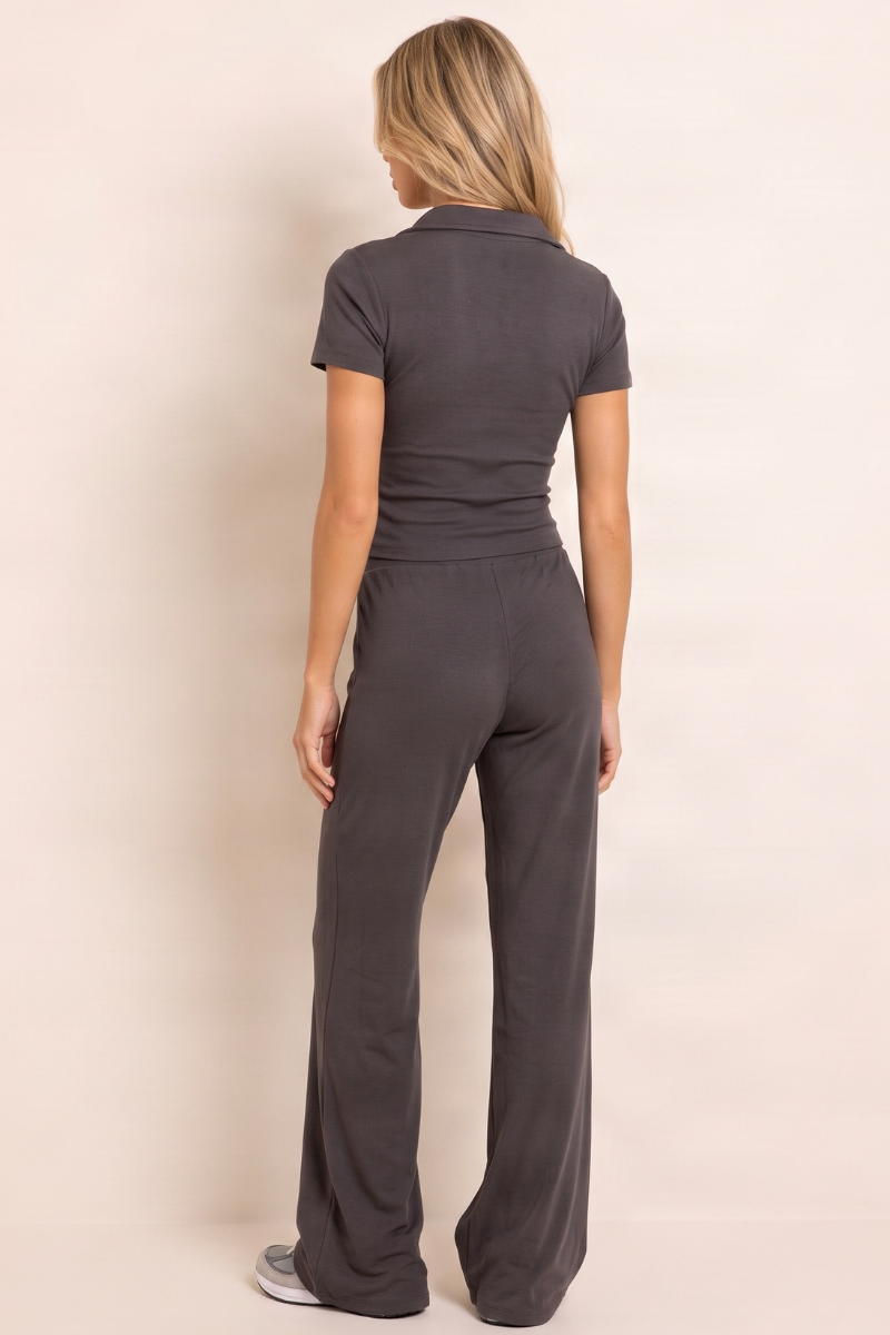 Charcoal Rib Collared Top and Jogger Loungewear Co-ord Set - Jamina
