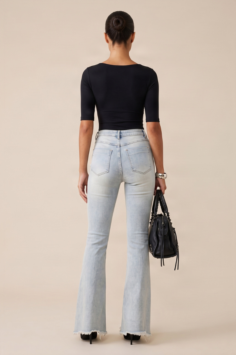 Light Blue Washed Stretch Denim Frayed Hem Flare Leg Jeans - Carys
