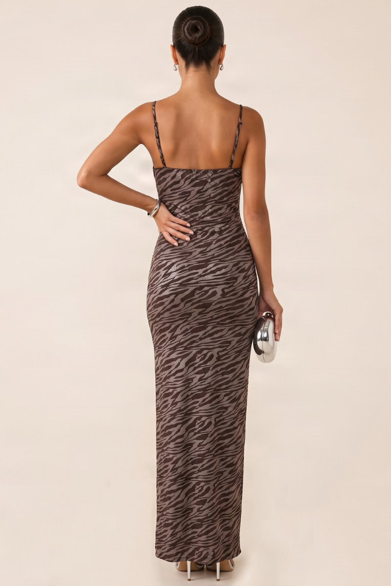 Chocolate Velvet Zebra Devore Thigh Split Maxi Dress - Regina