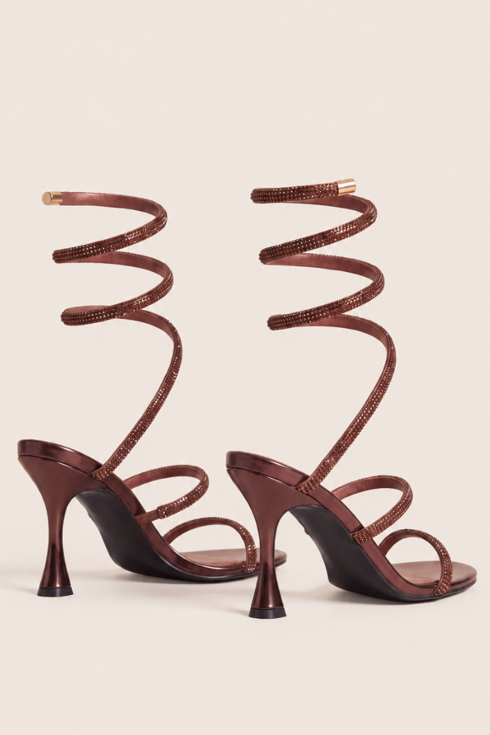Brown Diamante Detail Wrap Up Strappy Heels - Florida