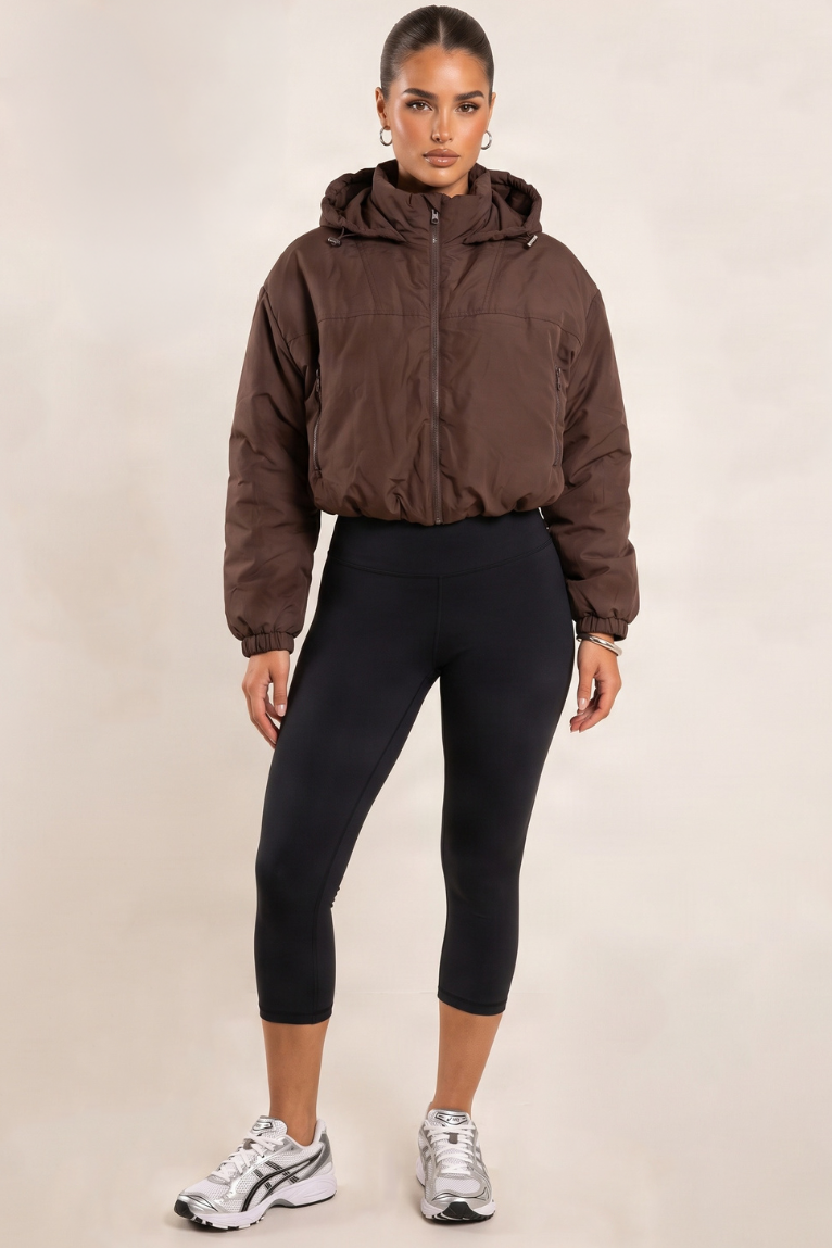 Chocolate Hooded Toggle Cropped Puffer Jacket - Lenny