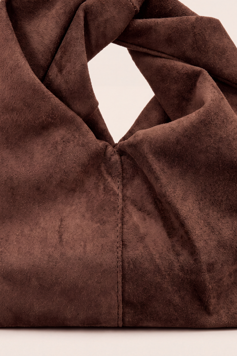 Chocolate Faux Suede Twist Handle Grab Bag - Shardy