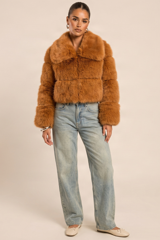 Rust Cropped Collar Faux Fur Coat - Bellah