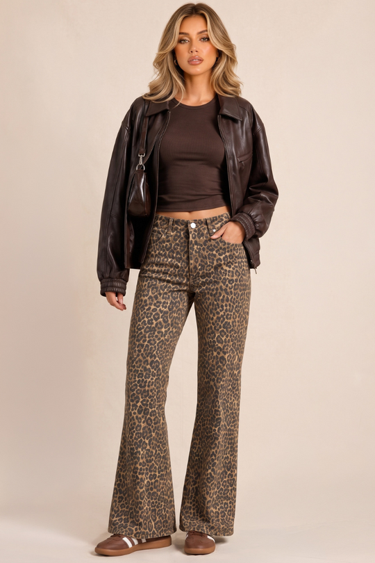 Brown Leopard Print Wide Leg Denim Jeans - Clementine