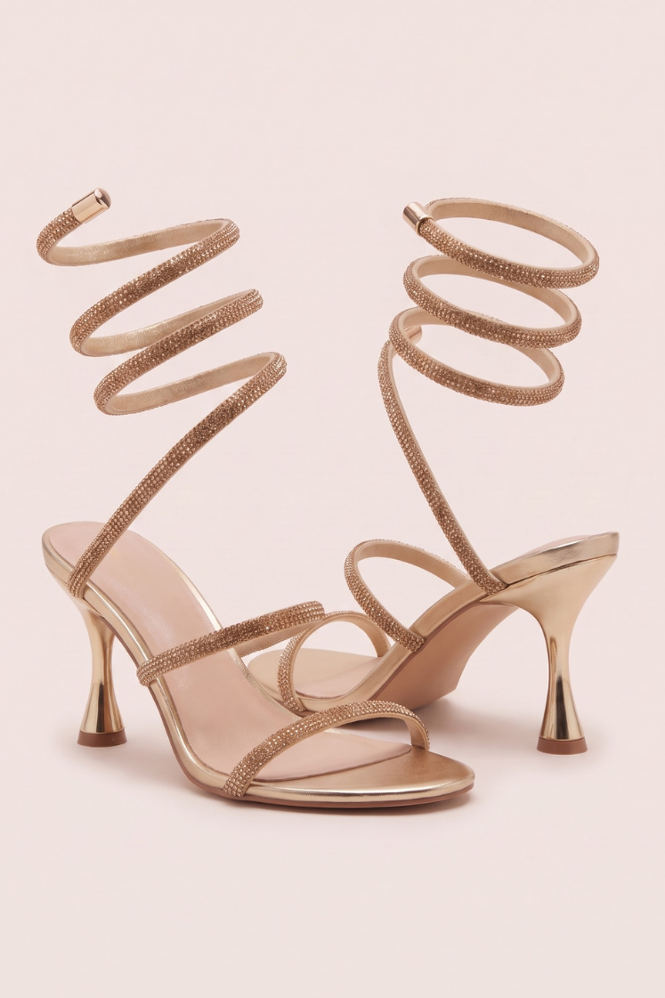 Gold Diamante Detail Wrap Up Strappy Heels - Florida