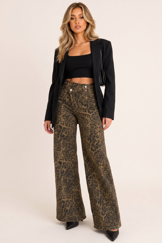 Brown Leopard Print Wide Leg Denim Jeans - Zendaya