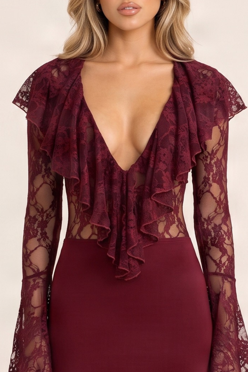 Wine Lace Frill Bodysuit and Skirt Co-ord Set - Suraya