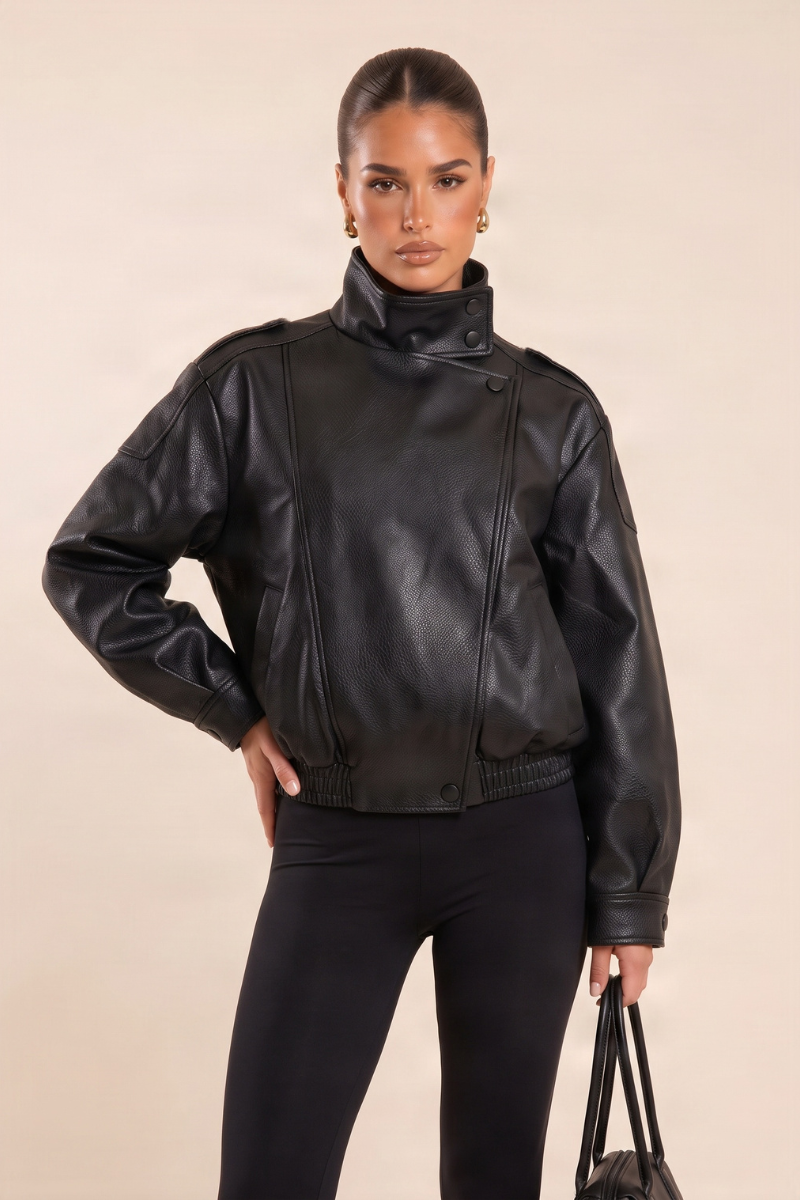 Black Faux Leather Funnel Neck Oversized Bomber Jacket - Deanna
