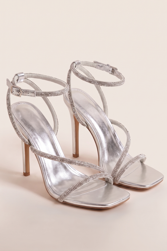 Silver Diamante Detail Strappy Heels - Damika