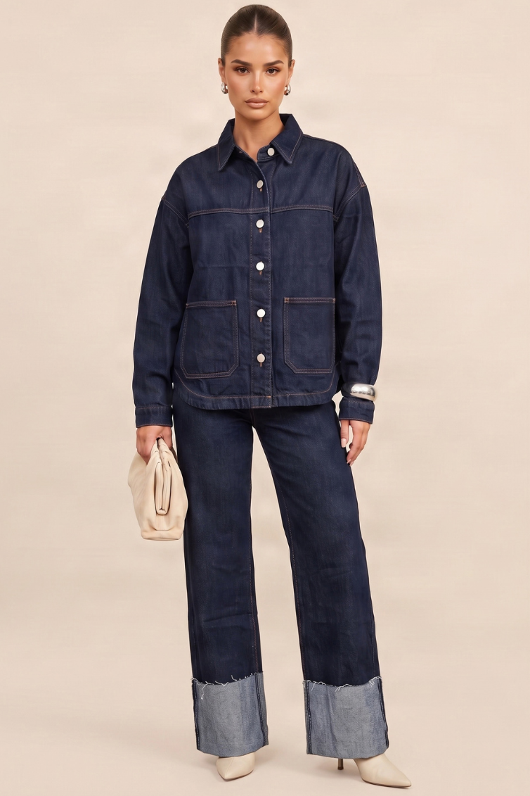 Indigo Contrast Stitch Oversized Denim Shirt - Monique