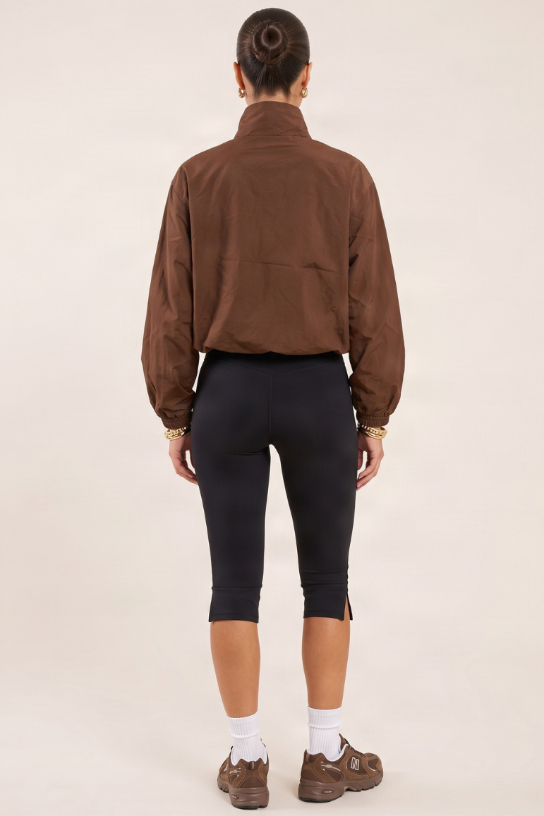 Chocolate Funnel Neck Toggle Hem Shell Track Jacket - Emelda