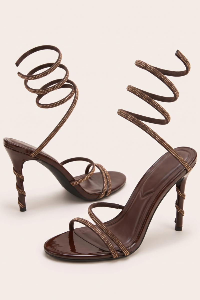 Brown Diamante Detail Wrap Up Strappy Heels - Charlia