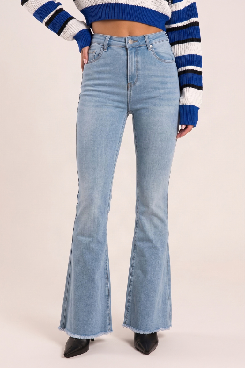 Light Blue Stretch Denim Frayed Hem Flare Leg Jeans - Carys