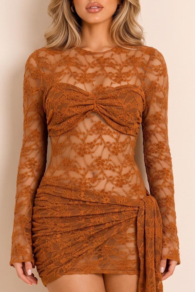 Rust Lace Bust Panel Wrap Detail Flute Sleeve Mini Dress - Alaia