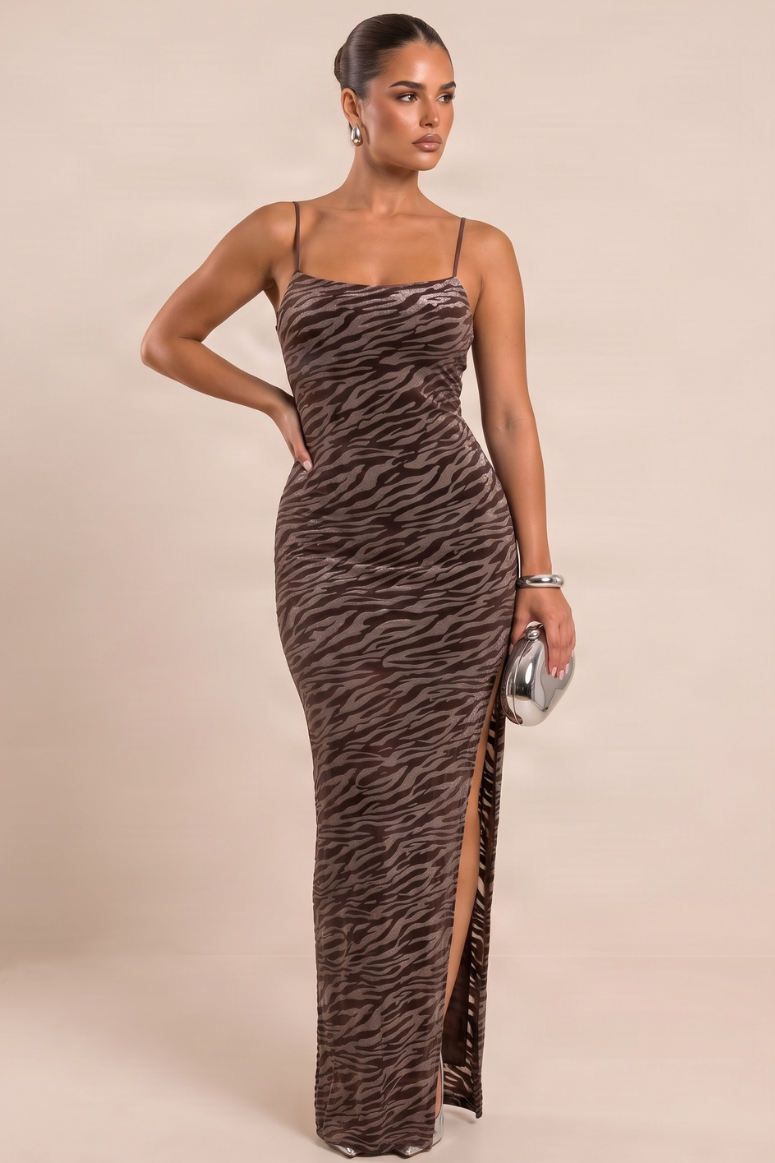 Chocolate Velvet Zebra Devore Thigh Split Maxi Dress - Regina