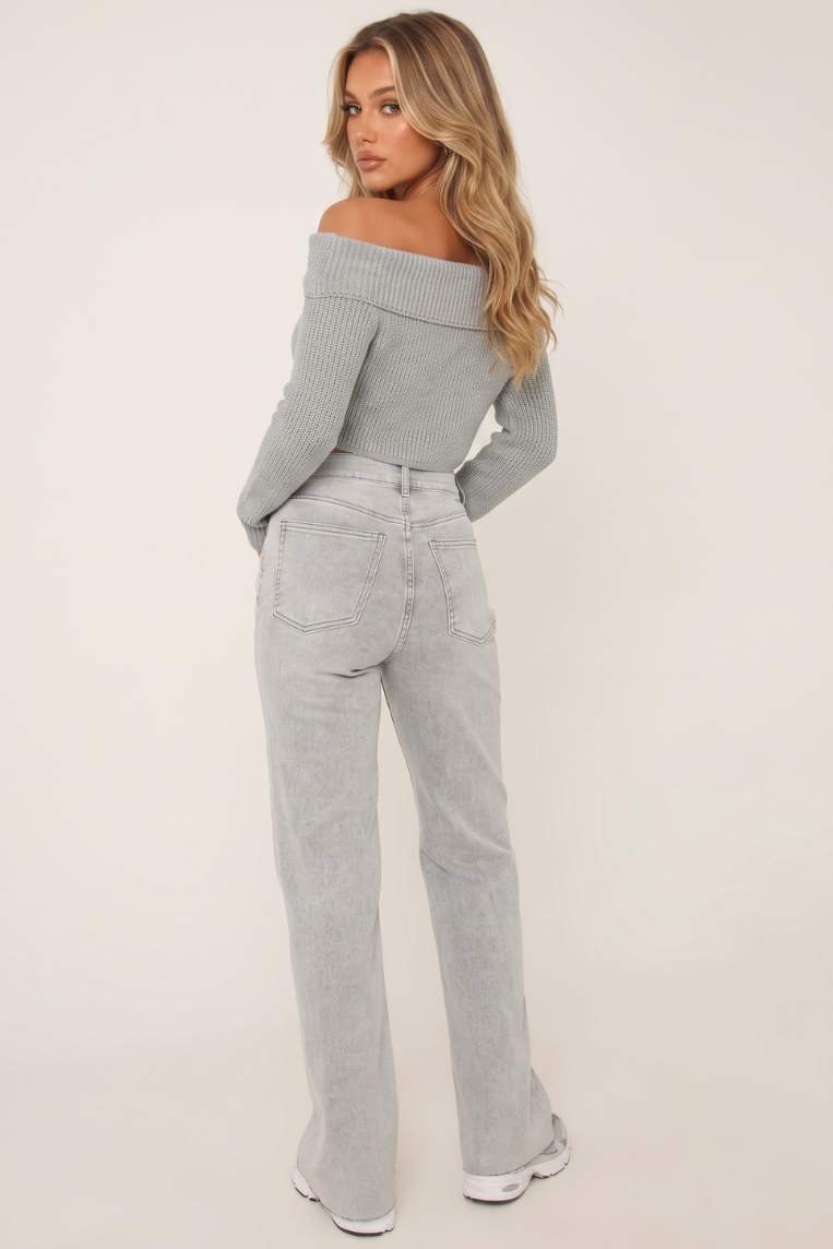 Light Grey Stretch Straight Leg Frayed Hem Jeans - Scarlett