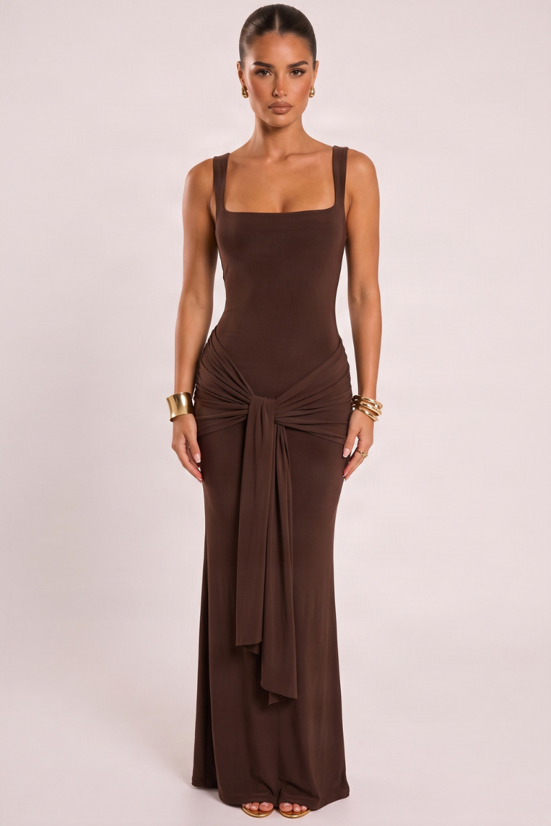 Chocolate Square Neck Tie Front Maxi Dress - Lima