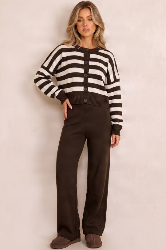 Chocolate Oversized Stripe Cardigan and Jogger Loungewear Knit Co-ord Set - Hayden