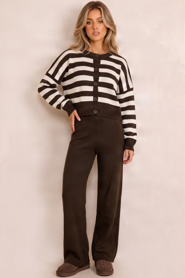 Chocolate Oversized Stripe Cardigan and Jogger Loungewear Co-ord Set - Hayden