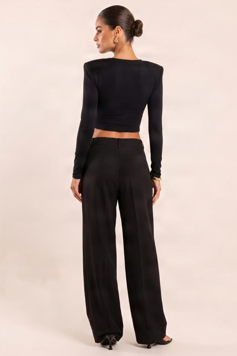 Black Shoulder Pad Knot Front Long Sleeve T-shirt - Jayleen