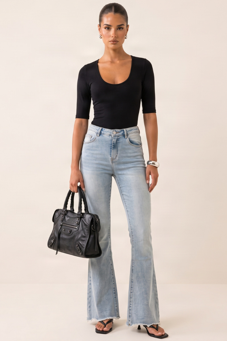 Light Blue Washed Stretch Denim Frayed Hem Flare Leg Jeans - Carys