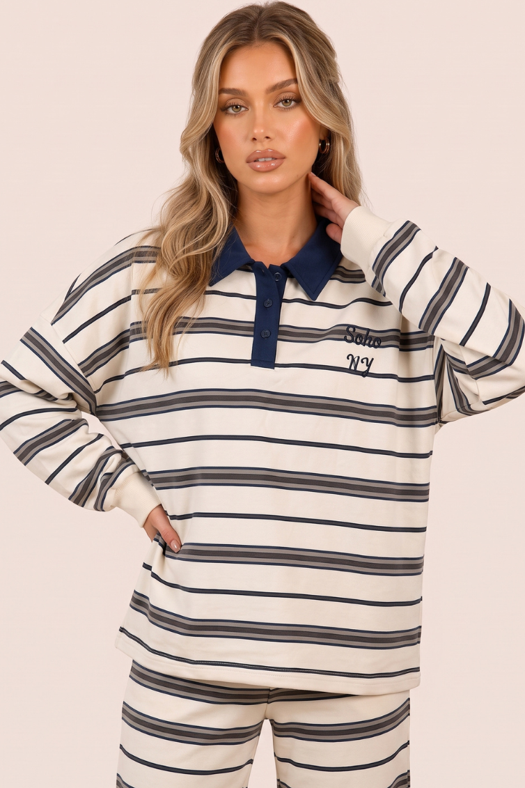 Cream Stripe Button Front Long Sleeve Collared Jumper and Jogger Loungewear Co-ord Set - Theresa