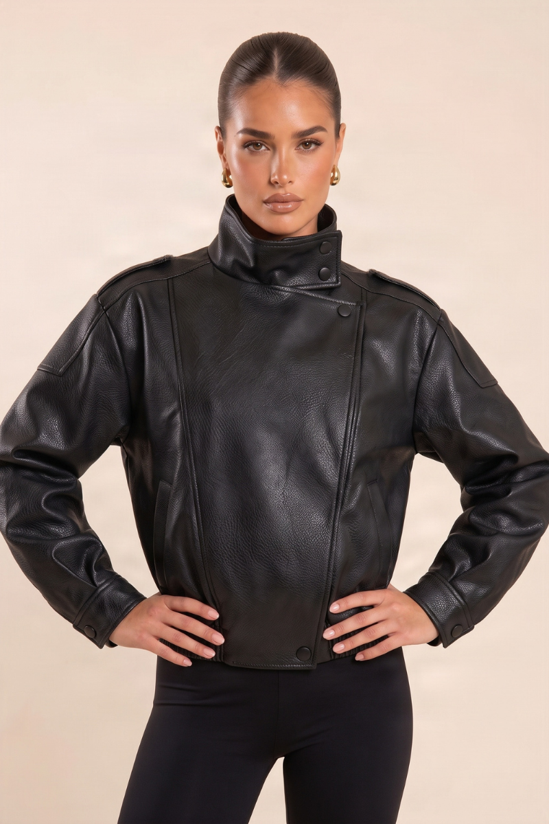 Black Faux Leather Funnel Neck Oversized Bomber Jacket - Deanna