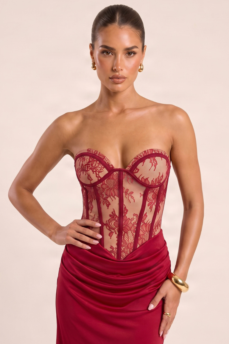 Wine Corset Bandeau Lace Detail Maxi Dress - Andie