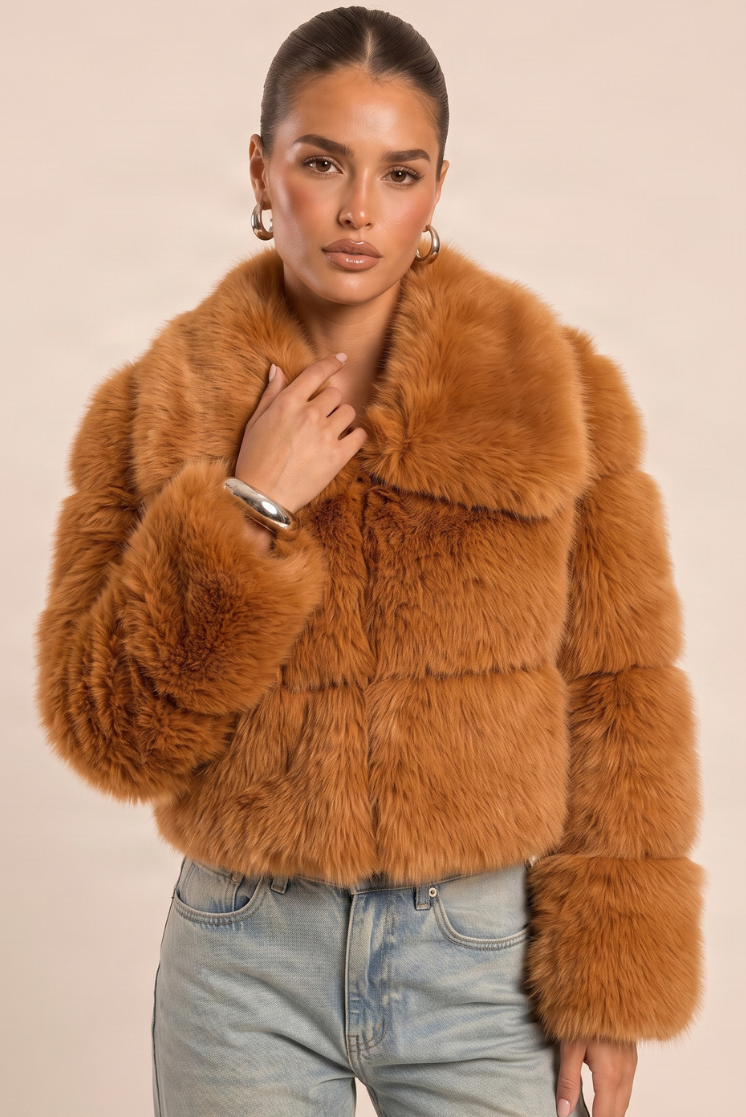 Rust Cropped Collar Faux Fur Coat - Bellah