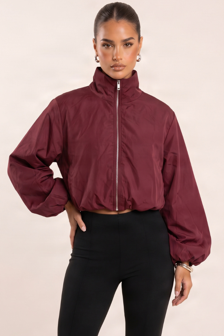 Wine Funnel Neck Zip Up Jacket - Chanda