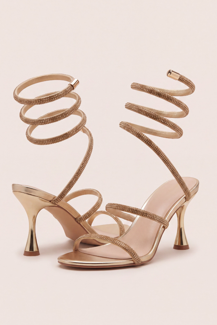 Gold Diamante Detail Wrap Up Strappy Heels - Florida