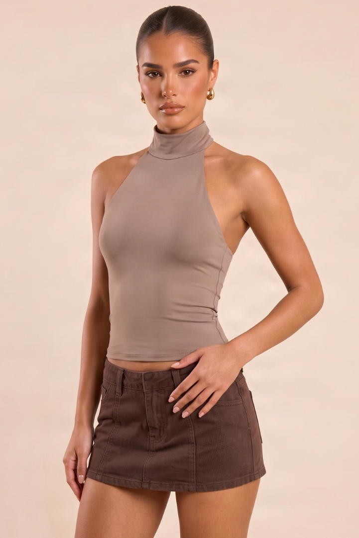 Mocha Slinky High Neck Top - Betsy